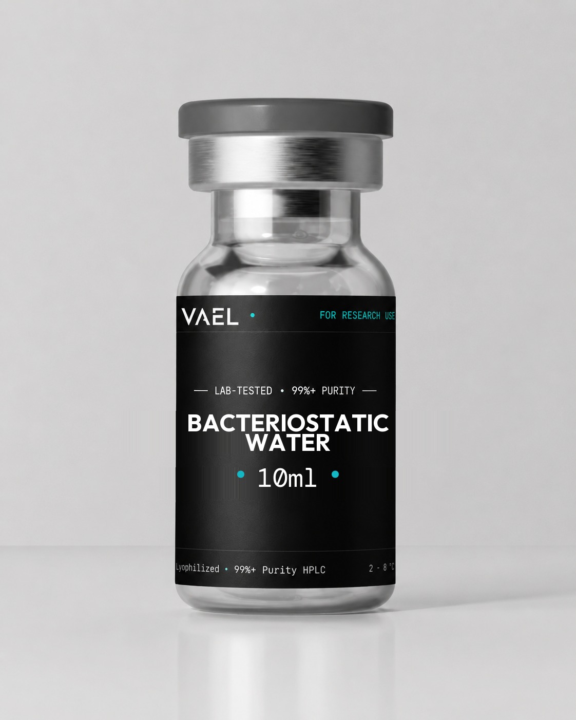 VAEL Bacteriostatic Water 10ml — clear glass research vial with grey crimp cap and black VAEL label. For laboratory research use only, not for human consumption.