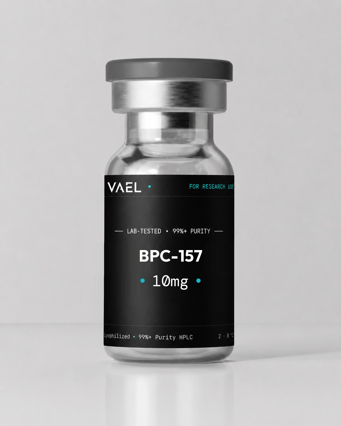 VAEL BPC-157 10mg — clear glass research vial with grey crimp cap and black VAEL label. For laboratory research use only, not for human consumption.
