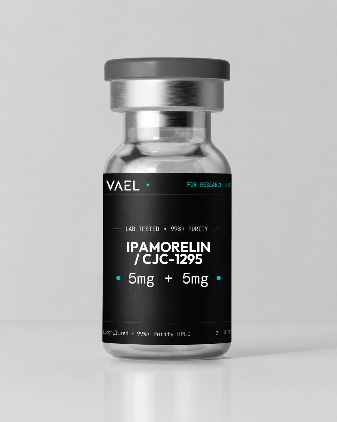 VAEL Ipamorelin / CJC-1295 5mg + 5mg — clear glass research vial with grey crimp cap and black VAEL label. For laboratory research use only, not for human consumption.