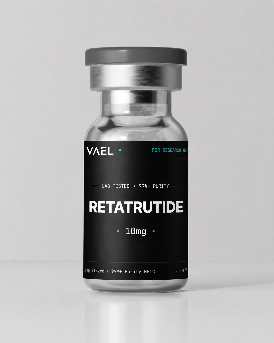 VAEL Retatrutide 10mg — clear glass research vial with grey crimp cap and black VAEL label. For laboratory research use only, not for human consumption.