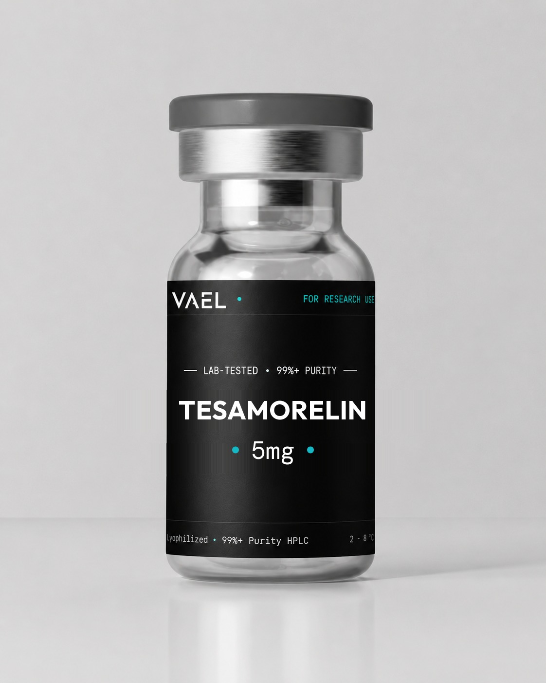 VAEL Tesamorelin 5mg — clear glass research vial with grey crimp cap and black VAEL label. For laboratory research use only, not for human consumption.